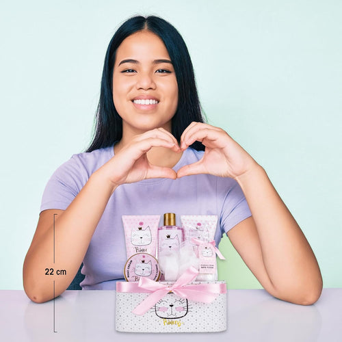 Accentra – Geschenkset Princess Kitty Für Mädchen & Frauen – 7-Teiliges Duschset Mit Schaumbad, Peeling, Duschgel, Bodylotion & Mehr – Pflegeset Mit Erdbeer & Vanille Duft in Süßer Geschenkbox