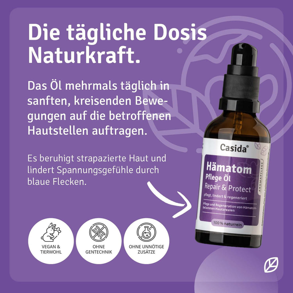 Casida® Hämatom Pflege Öl Repair & Protect - Aromapflegeöl Aus 100% Naturreinen Ölen - Für Die Pflege Von Hämatomen, Blauen Flecken Und Blutergüssen - 50 Ml