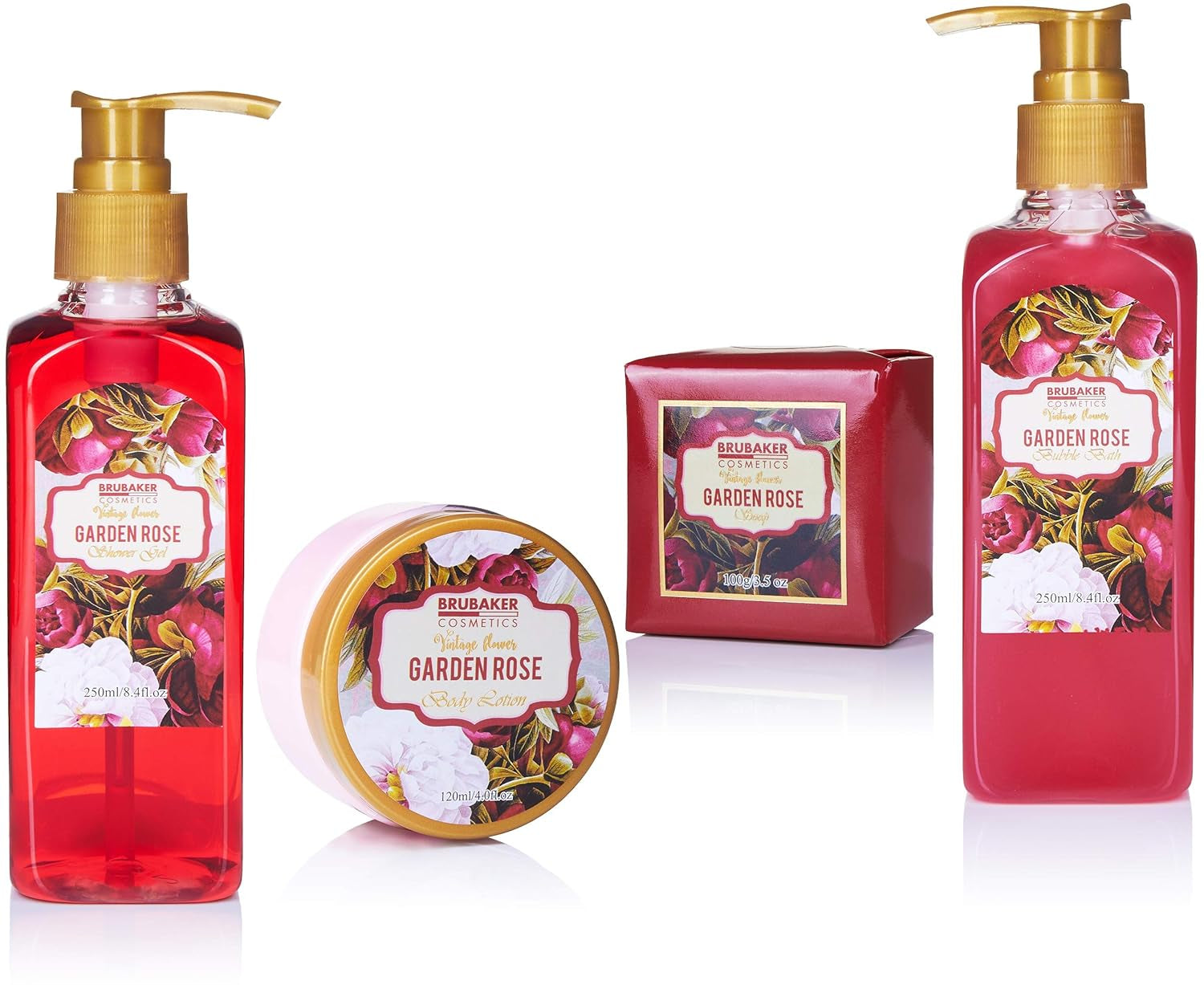 BRUBAKER Cosmetics Bade- Und Dusch Set Floraler Rosen- Und Veilchen Duft - 7-Teilig - Vintage Blumen Geschenkset Mit Massage-Acryl
