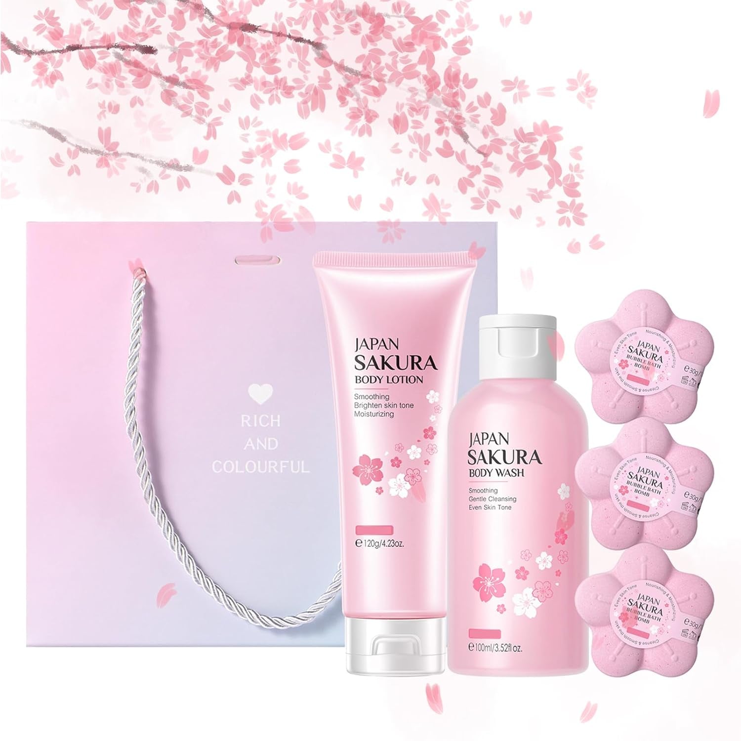 Bade Geschenkset Frauen - 5PCS Sakura Badesets Geschenke Für Frauen - Spa-Geschenkset Für Frauen Mit Körperlotion-Duschgel-Badebombe*3 - Beauty Badeset Damen Badebomben Feuchtigkeit Geschenk