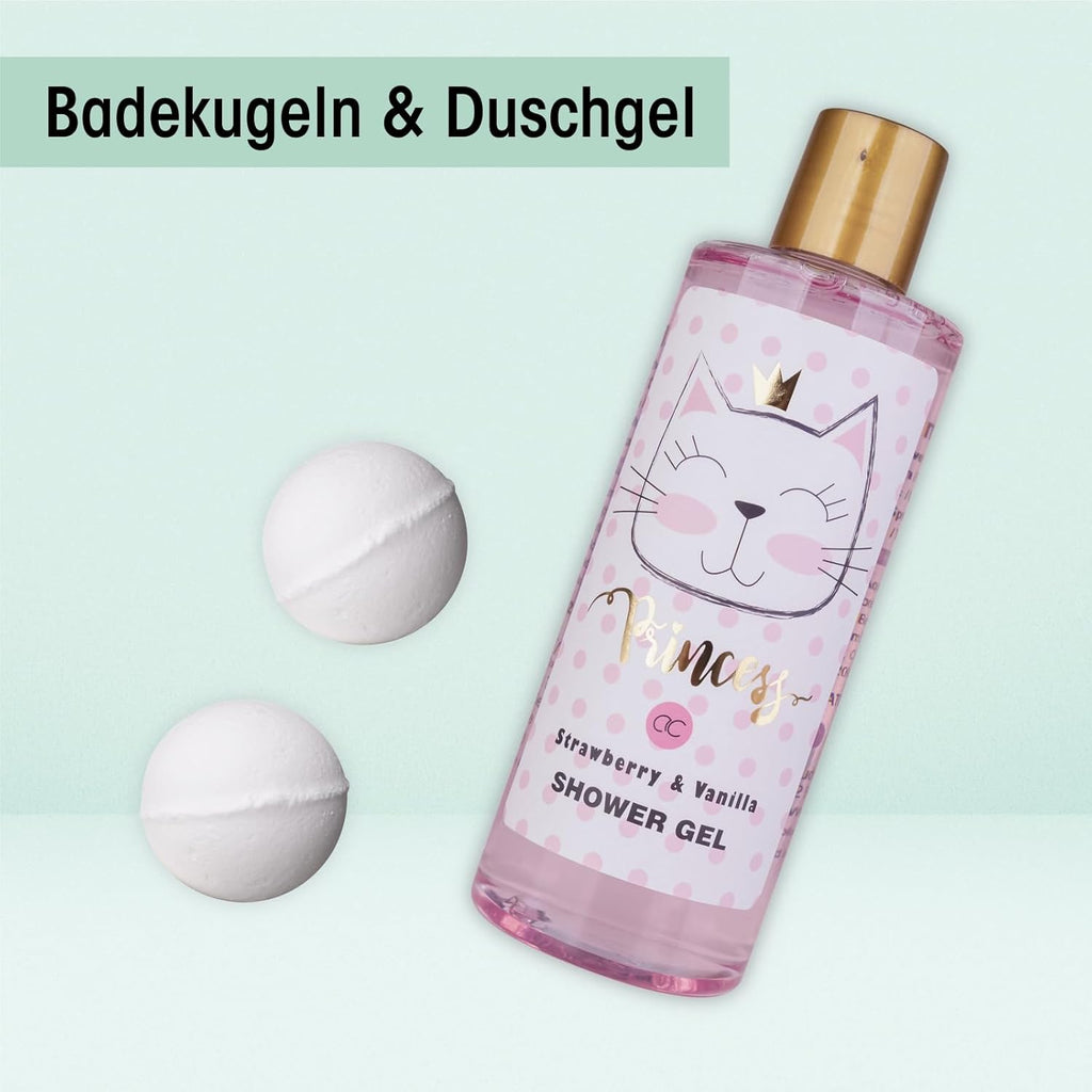 Accentra – Geschenkset Princess Kitty Für Mädchen & Frauen – 7-Teiliges Duschset Mit Schaumbad, Peeling, Duschgel, Bodylotion & Mehr – Pflegeset Mit Erdbeer & Vanille Duft in Süßer Geschenkbox