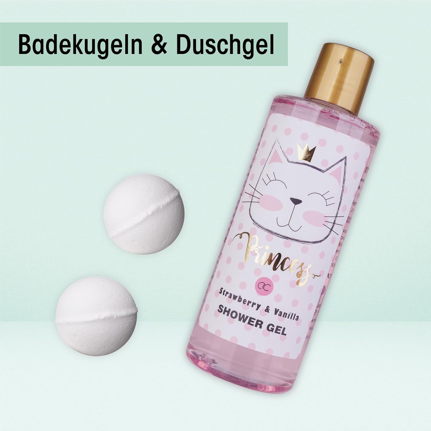 Accentra – Geschenkset Princess Kitty Für Mädchen & Frauen – 7-Teiliges Duschset Mit Schaumbad, Peeling, Duschgel, Bodylotion & Mehr – Pflegeset Mit Erdbeer & Vanille Duft in Süßer Geschenkbox