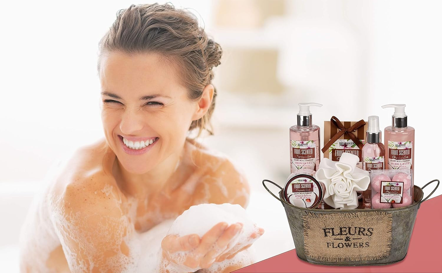 BRUBAKER Cosmetics Bade- Und Dusch Set Kokosnuss & Erdbeer Duft - 10-Teiliges Geschenkset in Vintage Wanne