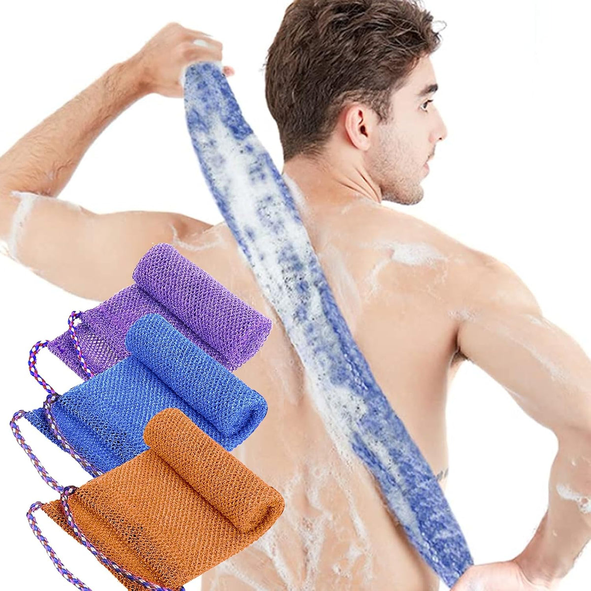 TENQUAN 3PCS Afrikanisches Peeling-Netz Afrikanischen Netzschwamm Mit Stiel Sapo Schwamm Für Rückenschrubben Weiche Strapazierfähige Nylonanzüge Für Das Tägliche Baden Männer Frauen(Lila Blau Kaffee)