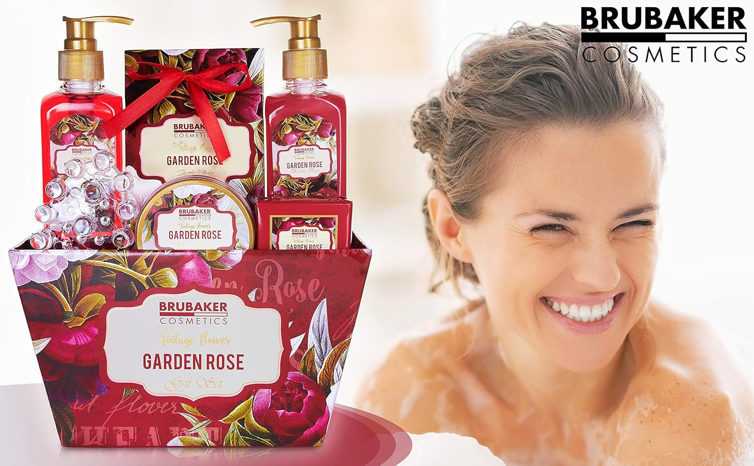 BRUBAKER Cosmetics Bade- Und Dusch Set Floraler Rosen- Und Veilchen Duft - 7-Teilig - Vintage Blumen Geschenkset Mit Massage-Acryl