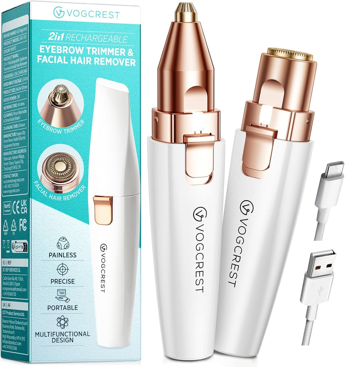 VG VOGCREST Augenbrauen-Gesichtstrimmer 2 in 1 Wiederaufladbare Gesichtshaarentfernung Und Augenbrauenrasierer - Gesicht Lippen Körper Schmerzloser Gesichtsrasierer Mit Eingebauter LED (Weiß)