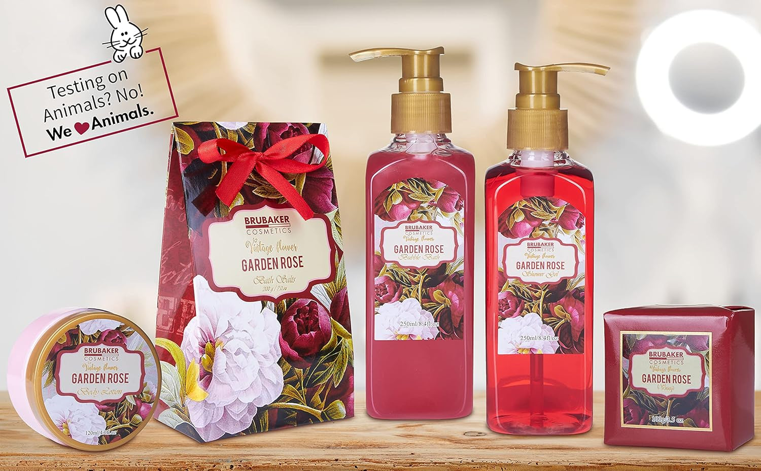 BRUBAKER Cosmetics Bade- Und Dusch Set Floraler Rosen- Und Veilchen Duft - 7-Teilig - Vintage Blumen Geschenkset Mit Massage-Acryl