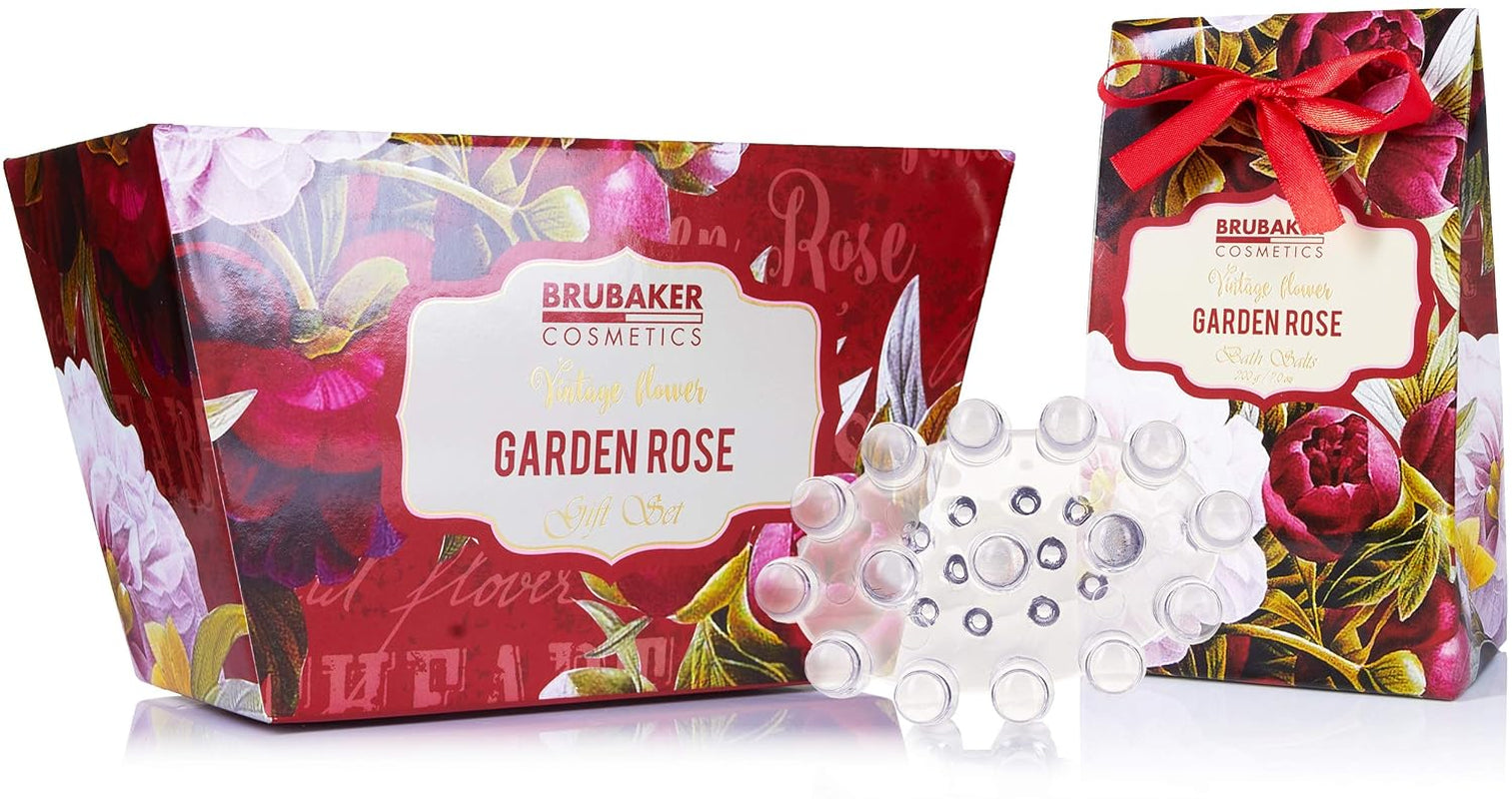 BRUBAKER Cosmetics Bade- Und Dusch Set Floraler Rosen- Und Veilchen Duft - 7-Teilig - Vintage Blumen Geschenkset Mit Massage-Acryl