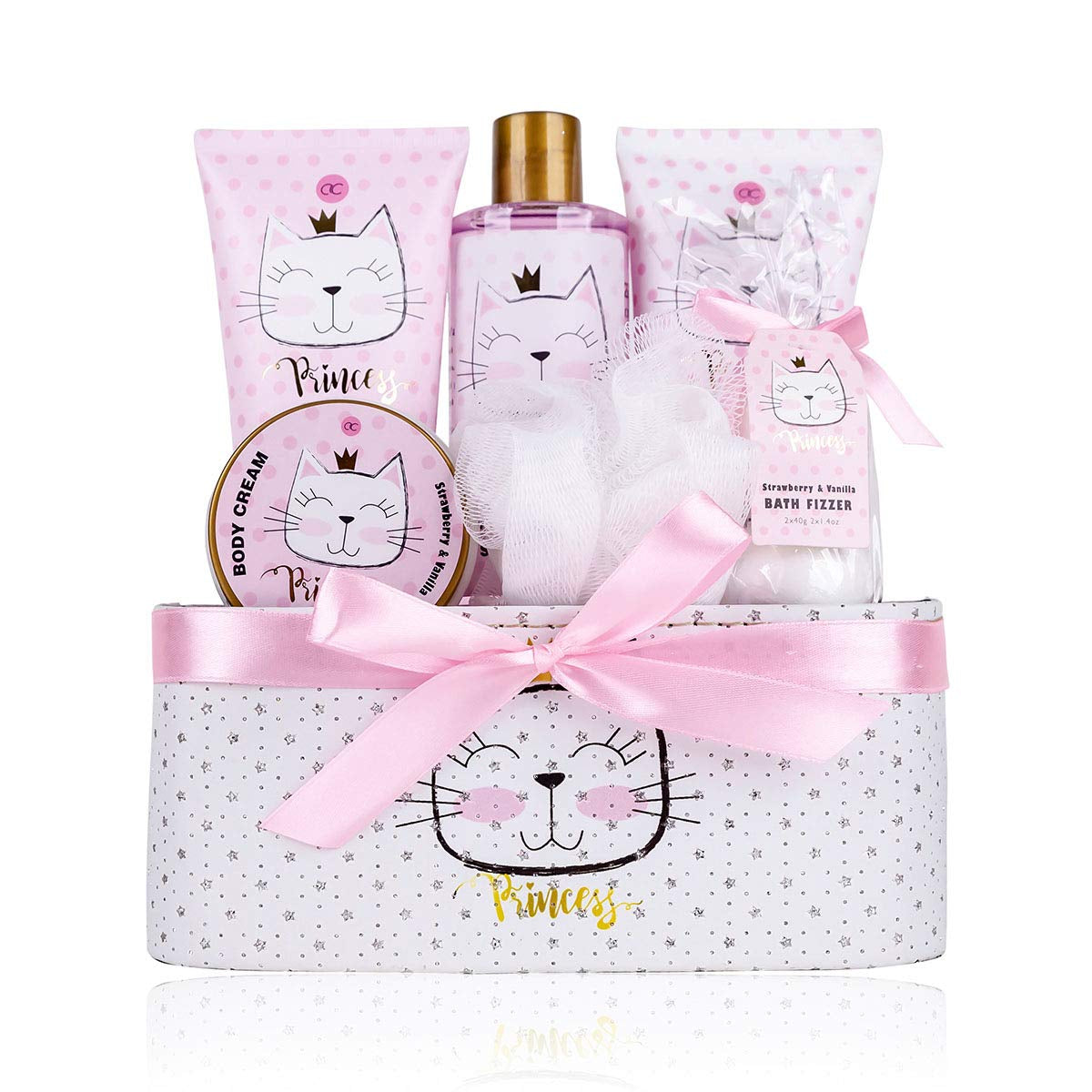 Accentra – Geschenkset Princess Kitty Für Mädchen & Frauen – 7-Teiliges Duschset Mit Schaumbad, Peeling, Duschgel, Bodylotion & Mehr – Pflegeset Mit Erdbeer & Vanille Duft in Süßer Geschenkbox