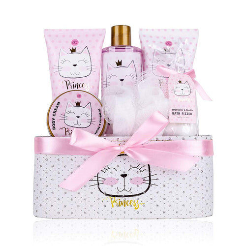 Accentra – Geschenkset Princess Kitty Für Mädchen & Frauen – 7-Teiliges Duschset Mit Schaumbad, Peeling, Duschgel, Bodylotion & Mehr – Pflegeset Mit Erdbeer & Vanille Duft in Süßer Geschenkbox