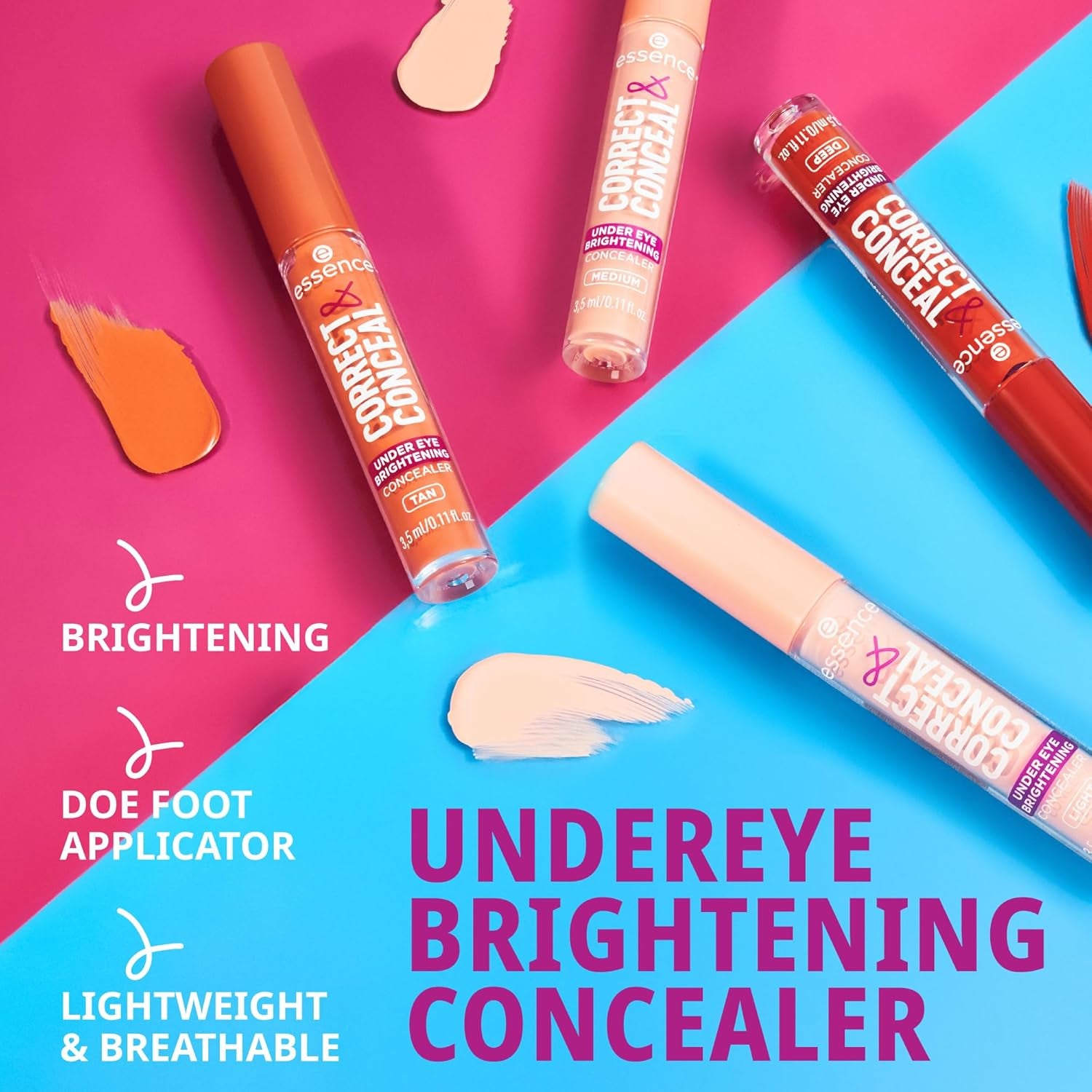 Essence CORRECT & CONCEAL under Eye Brightening Concealer, Nr. 10, Pink, Aufhellend, Farbkorrigierend, Natürlich, Für Sensible Haut, Vegan, Ölfrei, Ohne Parfüm, Ohne Alkohol, 1Er Pack (3.5Ml)