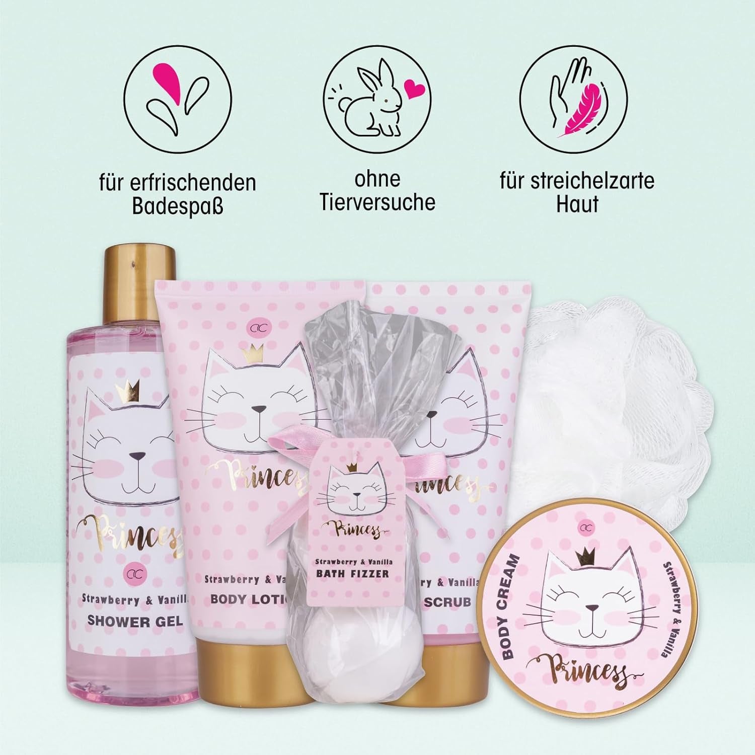 Accentra – Geschenkset Princess Kitty Für Mädchen & Frauen – 7-Teiliges Duschset Mit Schaumbad, Peeling, Duschgel, Bodylotion & Mehr – Pflegeset Mit Erdbeer & Vanille Duft in Süßer Geschenkbox
