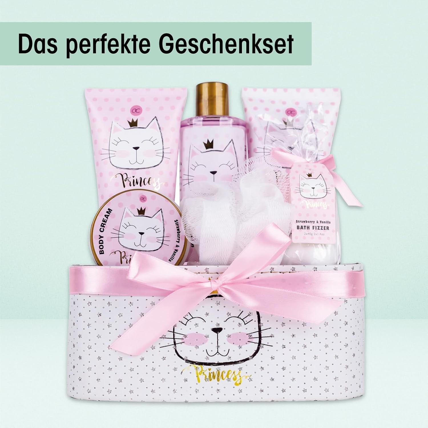 Accentra – Geschenkset Princess Kitty Für Mädchen & Frauen – 7-Teiliges Duschset Mit Schaumbad, Peeling, Duschgel, Bodylotion & Mehr – Pflegeset Mit Erdbeer & Vanille Duft in Süßer Geschenkbox