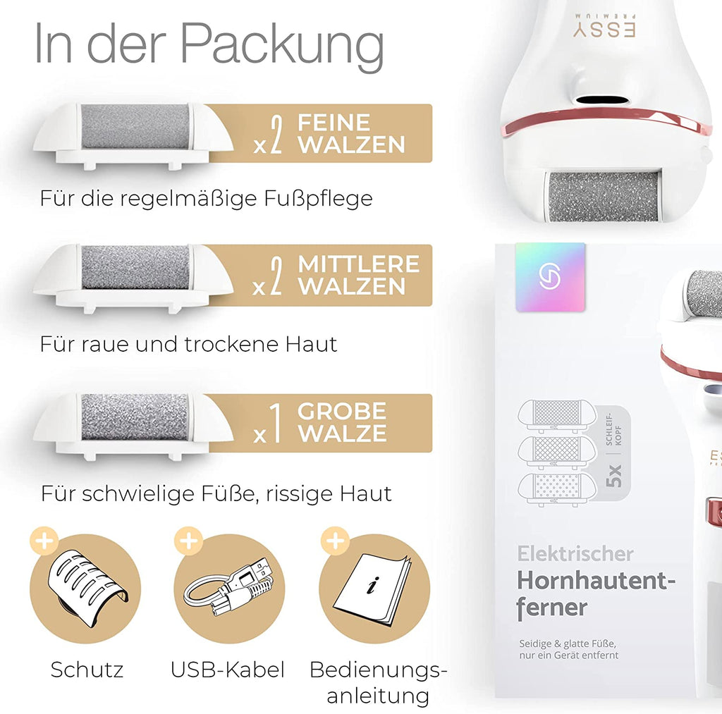 Essy Hornhautentferner Elektrisch Testsieger Mit 5 Ersatzrollen Hornhaut Entfernen Elektrischer Hornhautentferner Fußpflegegerät Pediküre Set Elektronisch Fußpflege Hornhautfeile (White)