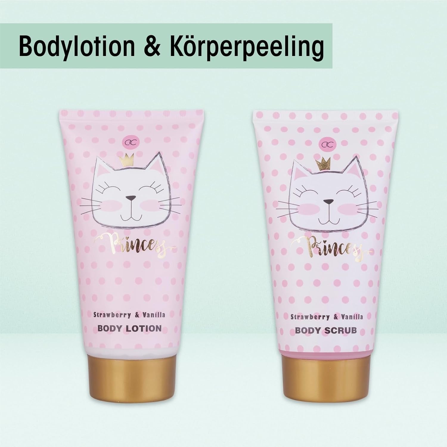 Accentra – Geschenkset Princess Kitty Für Mädchen & Frauen – 7-Teiliges Duschset Mit Schaumbad, Peeling, Duschgel, Bodylotion & Mehr – Pflegeset Mit Erdbeer & Vanille Duft in Süßer Geschenkbox