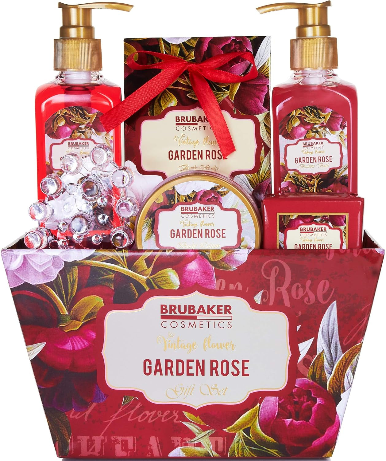 BRUBAKER Cosmetics Bade- Und Dusch Set Floraler Rosen- Und Veilchen Duft - 7-Teilig - Vintage Blumen Geschenkset Mit Massage-Acryl