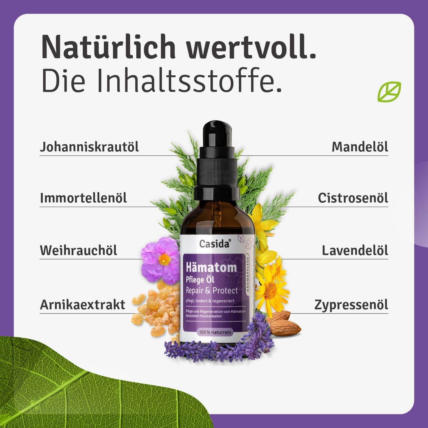 Casida® Hämatom Pflege Öl Repair & Protect - Aromapflegeöl Aus 100% Naturreinen Ölen - Für Die Pflege Von Hämatomen, Blauen Flecken Und Blutergüssen - 50 Ml